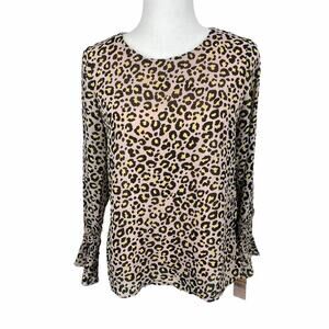 Nanette Lepore Blouse Size S Pink Leopard Print‎ Keyhole Back Ruffle Cuffs NEW